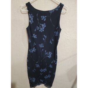 Vintage Byer Too! Navy Blue Glitter Floral Mesh Overlay‎ Dress Medium 90s Y2K